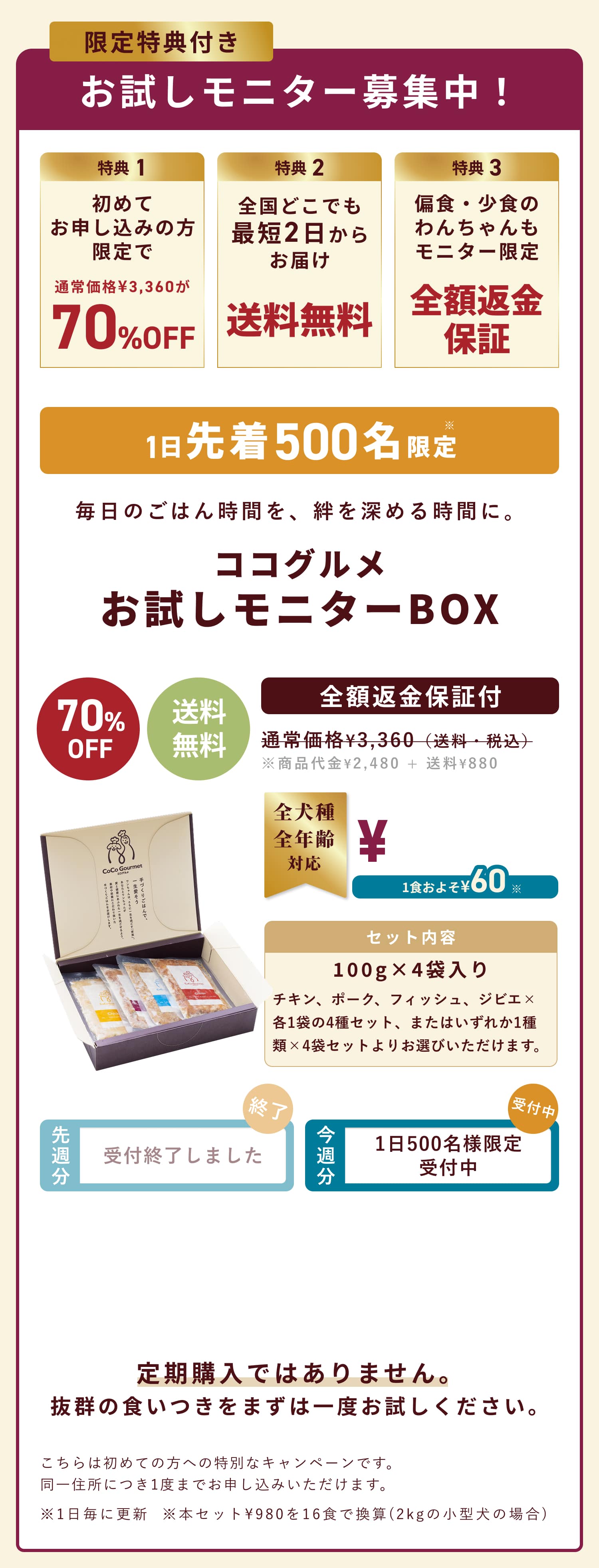 お試しモニター募集！先着300名様限定で60%OFF。ココグルメお試しモニターセットが今なら送料無料980円。