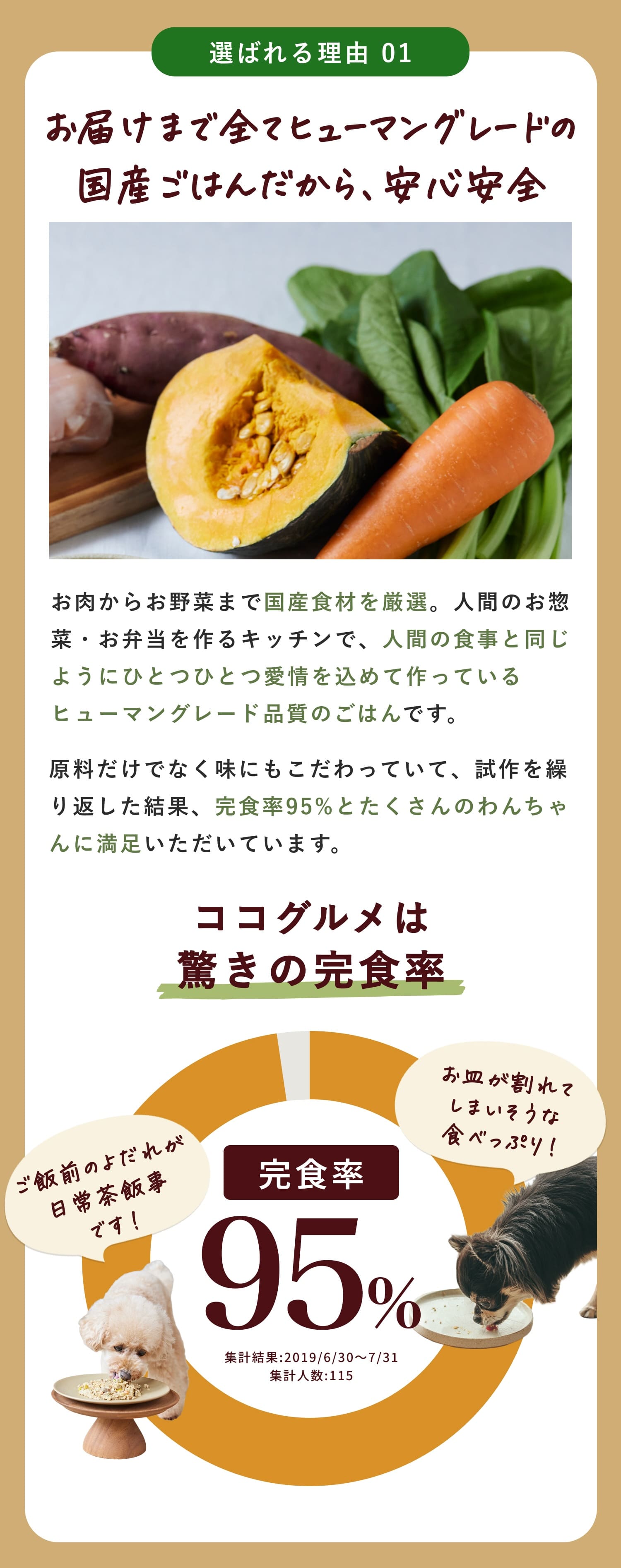 ただの手作りごはんじゃない！ココグルメが選ばれる理由は、お届けまで全てヒューマングレードの国産ごはんだから安心安全であるということです