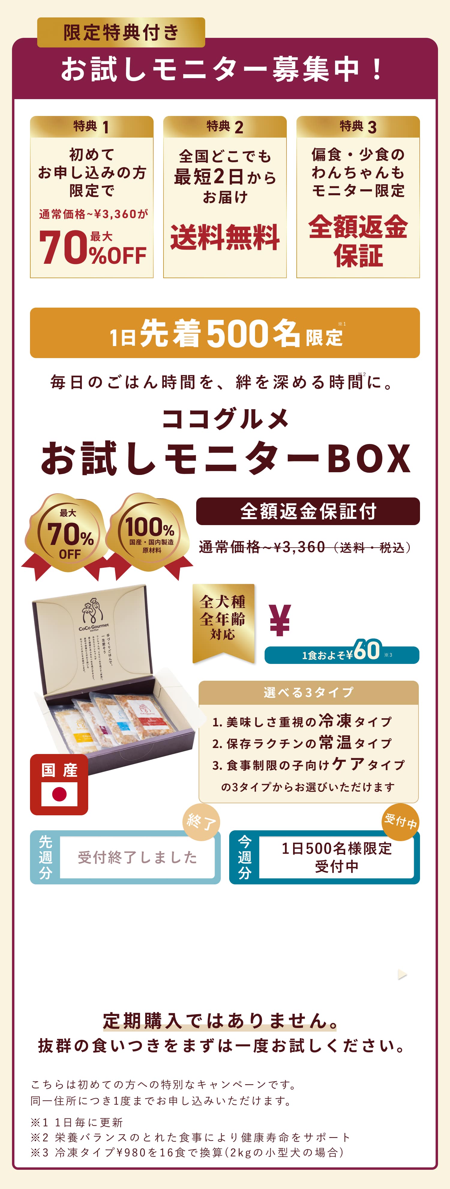 お試しモニター募集！先着300名様限定で60%OFF。ココグルメお試しモニターセットが今なら送料無料980円。