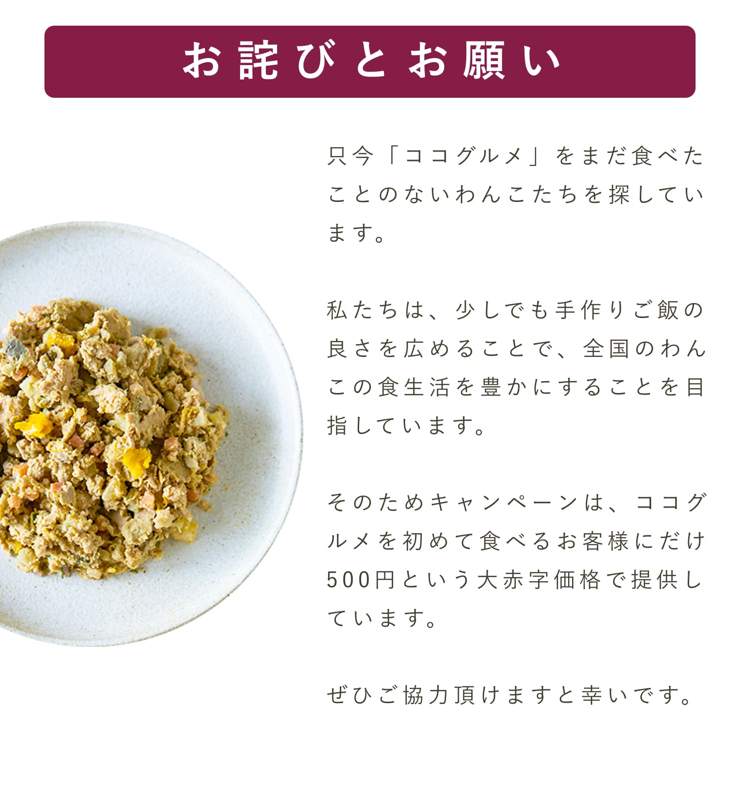 ココグルメをまだ食べたことのない愛犬を探しています。